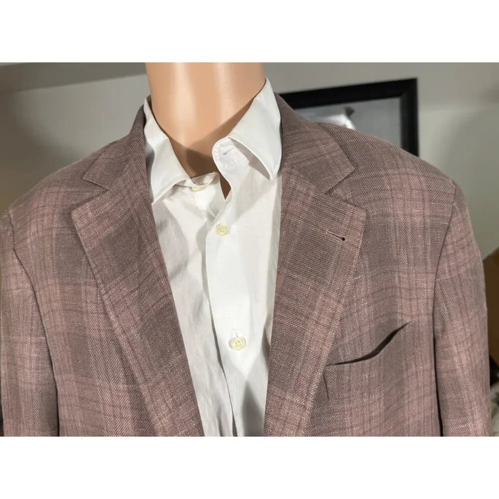 Brunello Cucinelli Peach Taupe Plaid Blazer Sport Jacket 52 IT 42R US Linen Silk